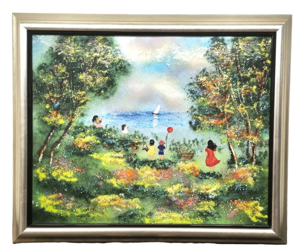 Louis Cardin comparable auction result: louis cardin b 1931 france enamel on copper children looking on sailboat