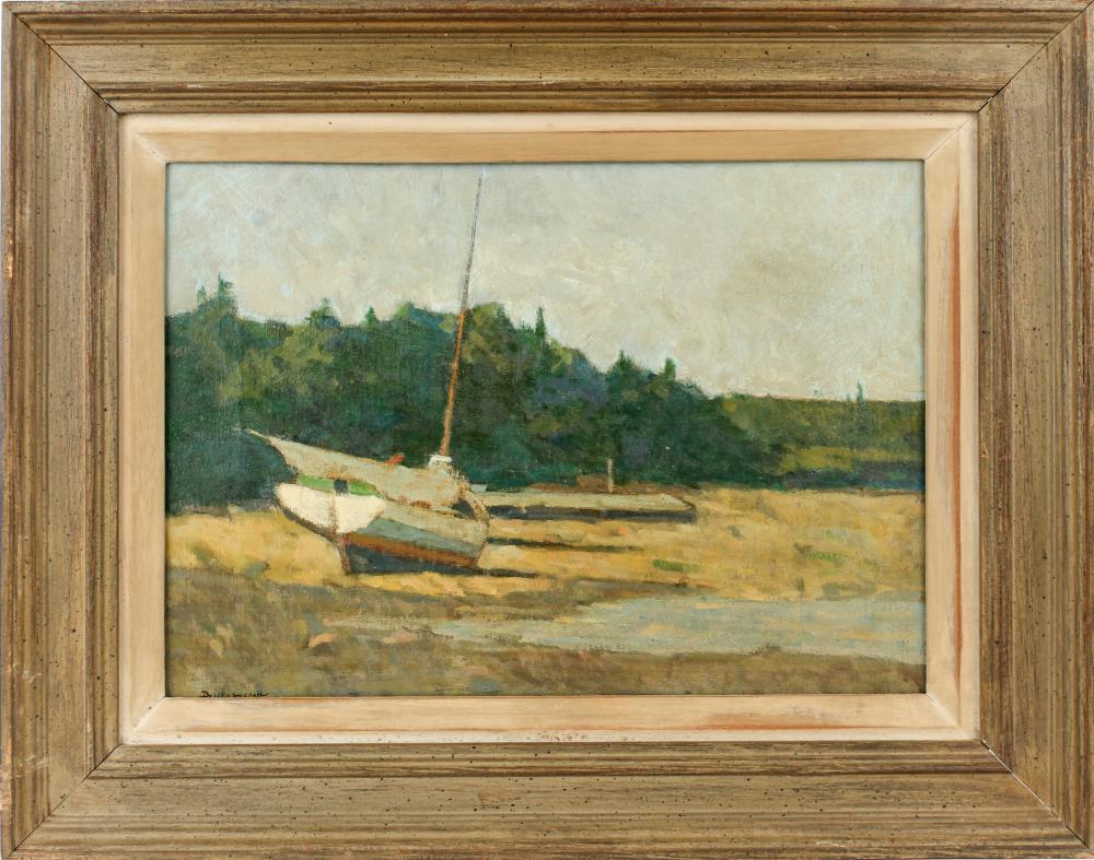 Paul Wescott comparable auction result: paul wescott american 1904 1970 ship on a beach oil on canvas painting