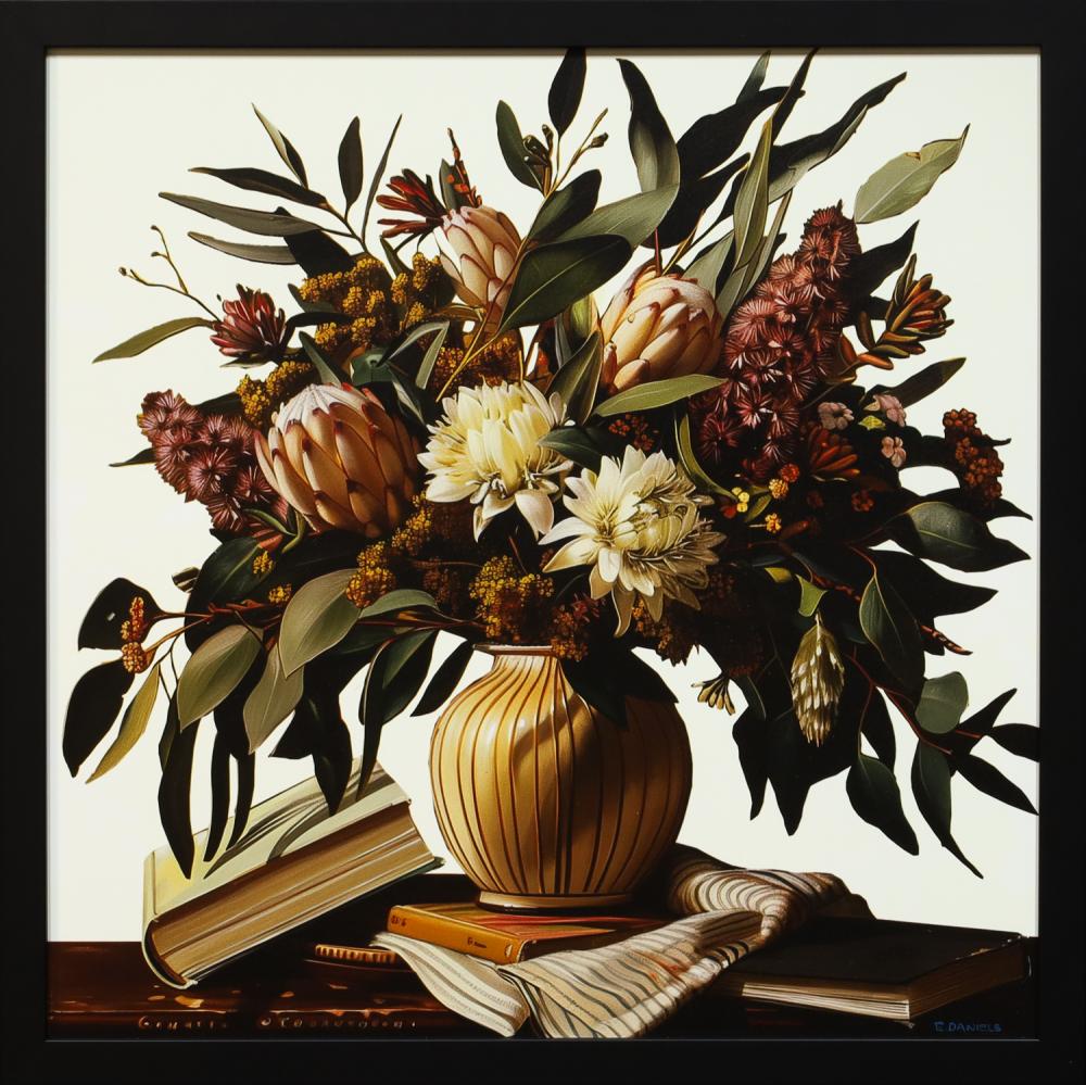 Elizabeth Daniels comparable auction result: elizabeth daniels proteas and banksias mixed media digital giclee on alluminium 66cm x 66cm