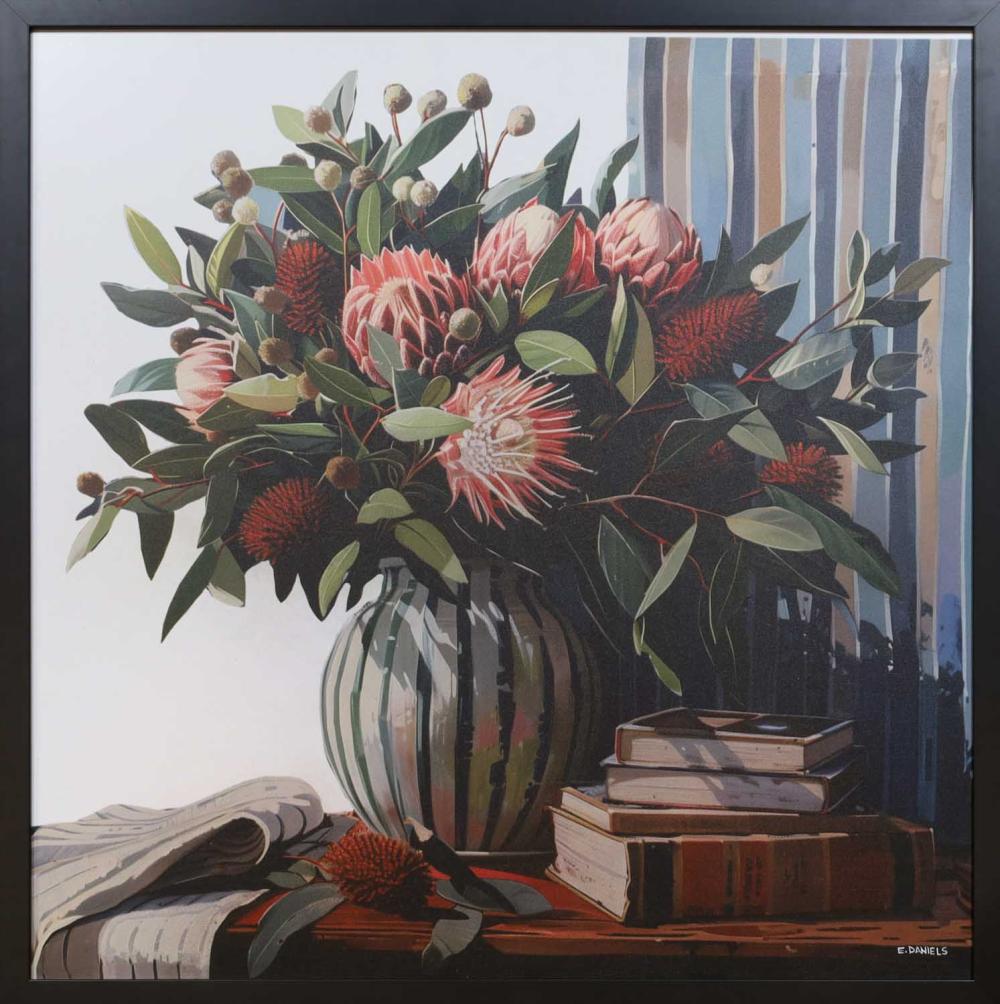 Elizabeth Daniels comparable auction result: elizabeth daniels still life with australian natives mixed media digital giclee on alluminium 65cm x 64cm