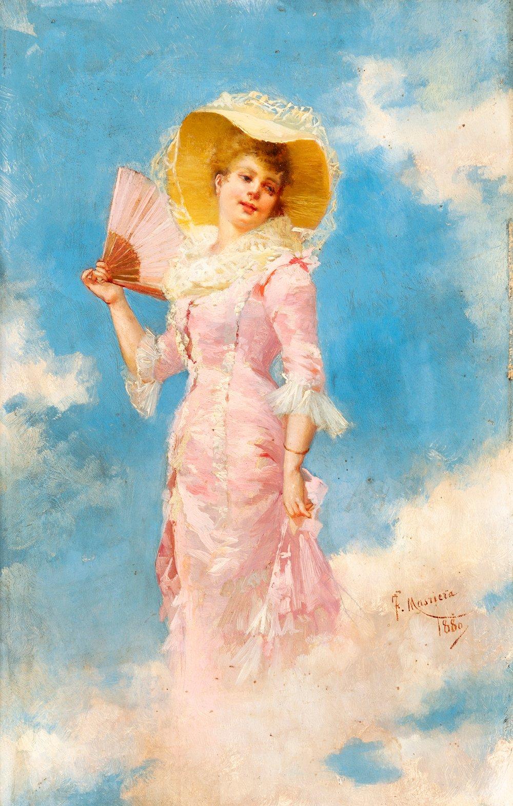 Francisco Masriera y Manovens comparable auction result: francisco masriera y manovens barcelona 1842 1902 young woman with fan 1880 oil on panel signed and dated in the center right golden frame with some faults