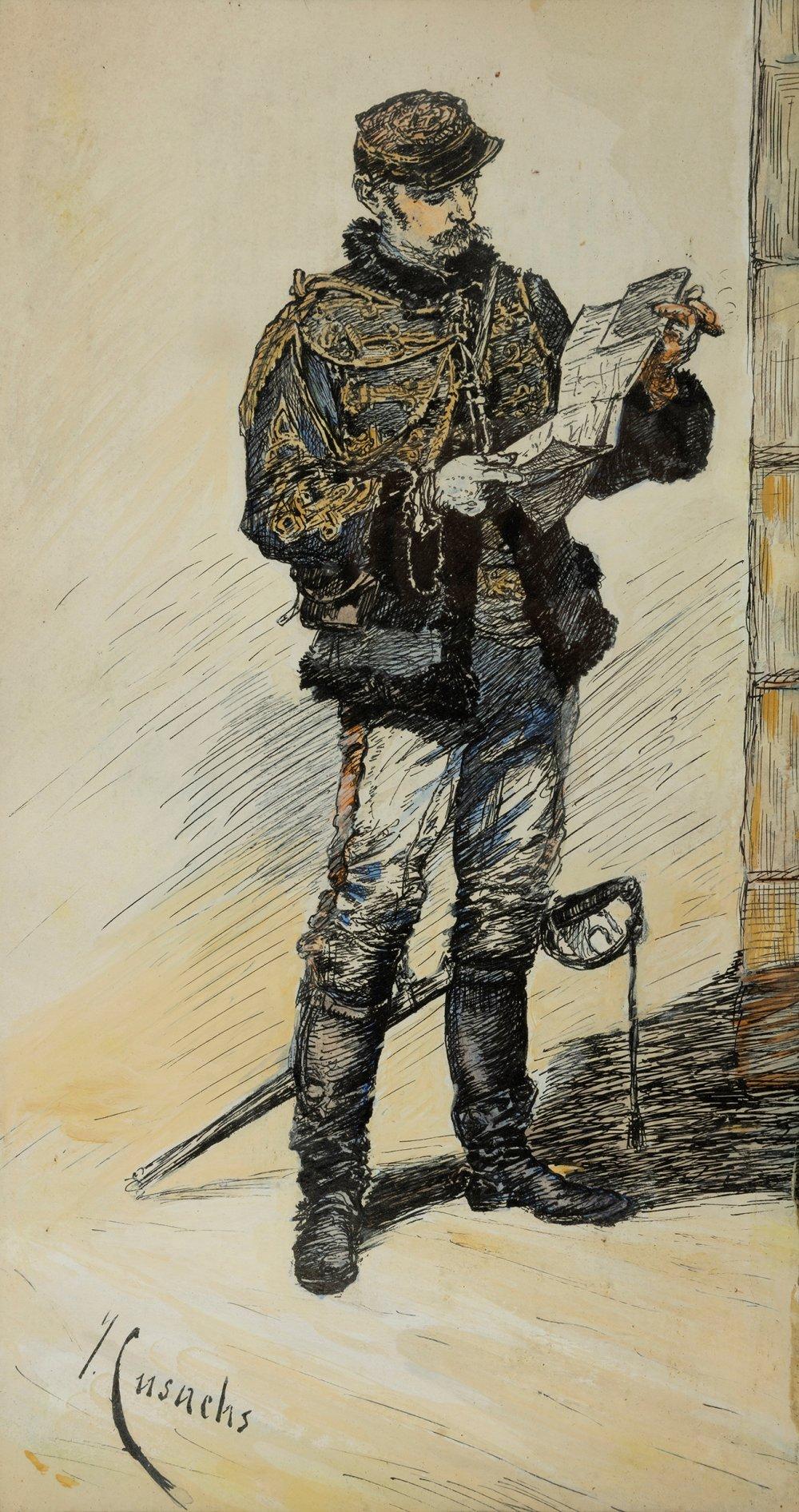 Josep Cusachs i Cusachs comparable auction result: josep cusachs montpellier france 1851 barcelona 1908 soldier mixed media on paper signed