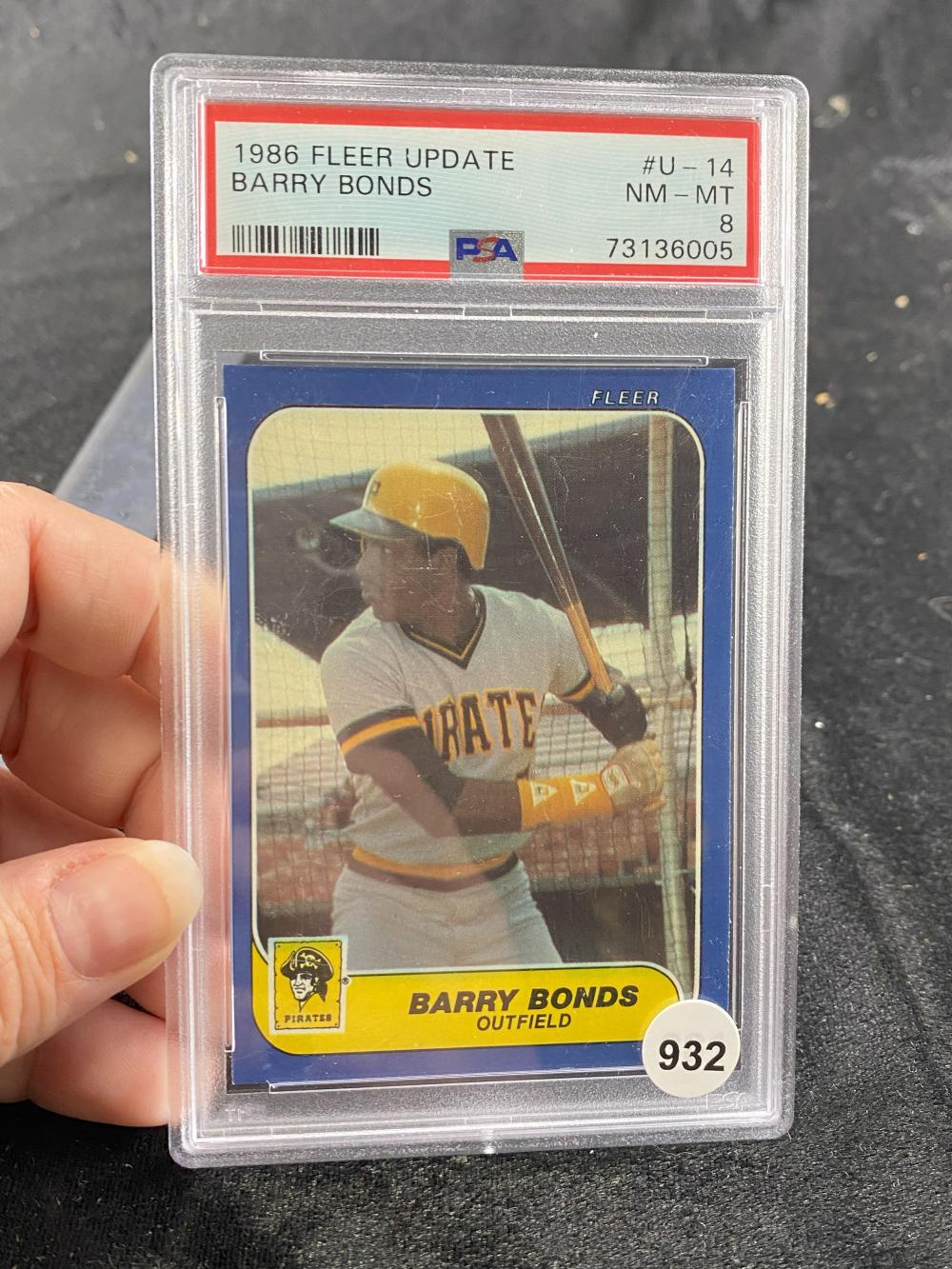 Graded 1986 Fleer Barry Bonds baseball card with “PSA” label, showing Bonds as a Pittsburgh Pirates outfielder in a blue card holder.