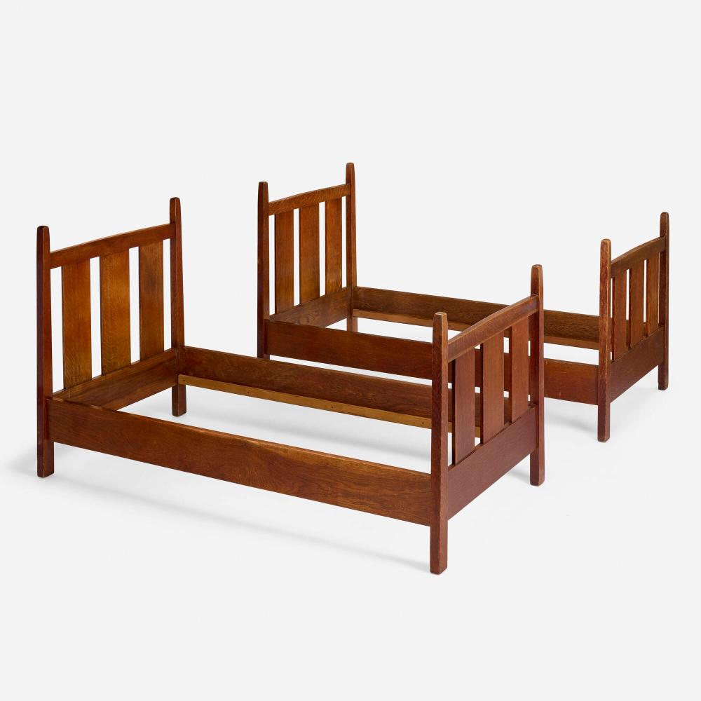 Gustav Stickley, Twin-size bed frames model 923, pair sold by Toomey & Co. Auctioneers, lot 144 — auction record photograph