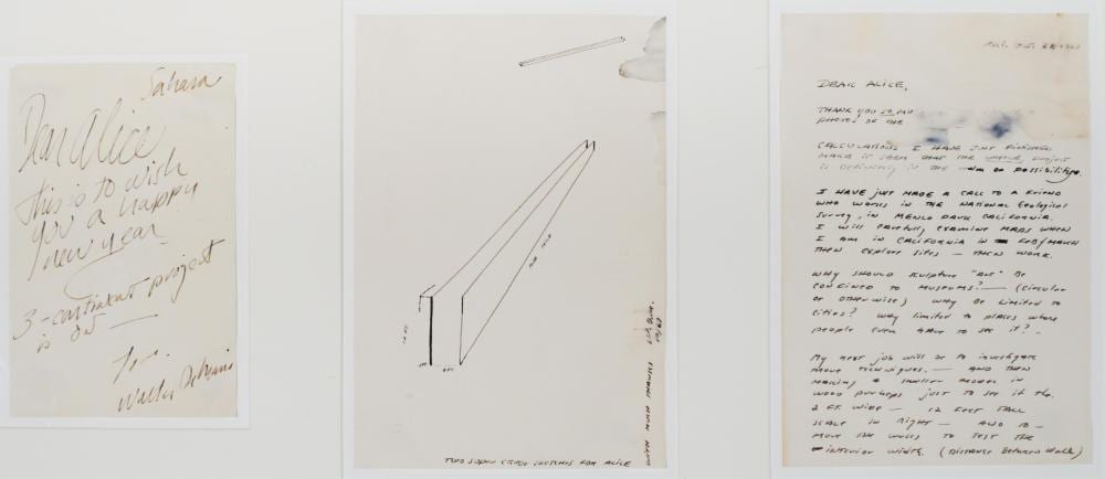 Walter De Maria comparable auction result: walter de maria american 1935 2013 untitled plan in desert ink on paper framed together with two notes from the artist to alice denney sheet size of first 8 1 4 x 5 1 4 in