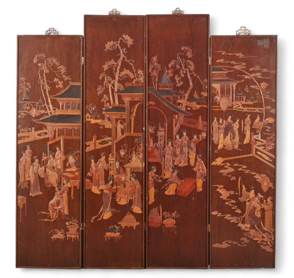 A Chinese mixed wood four panel floor screen sold by Andrew Jones Auctions, lot 84 — auction record photograph