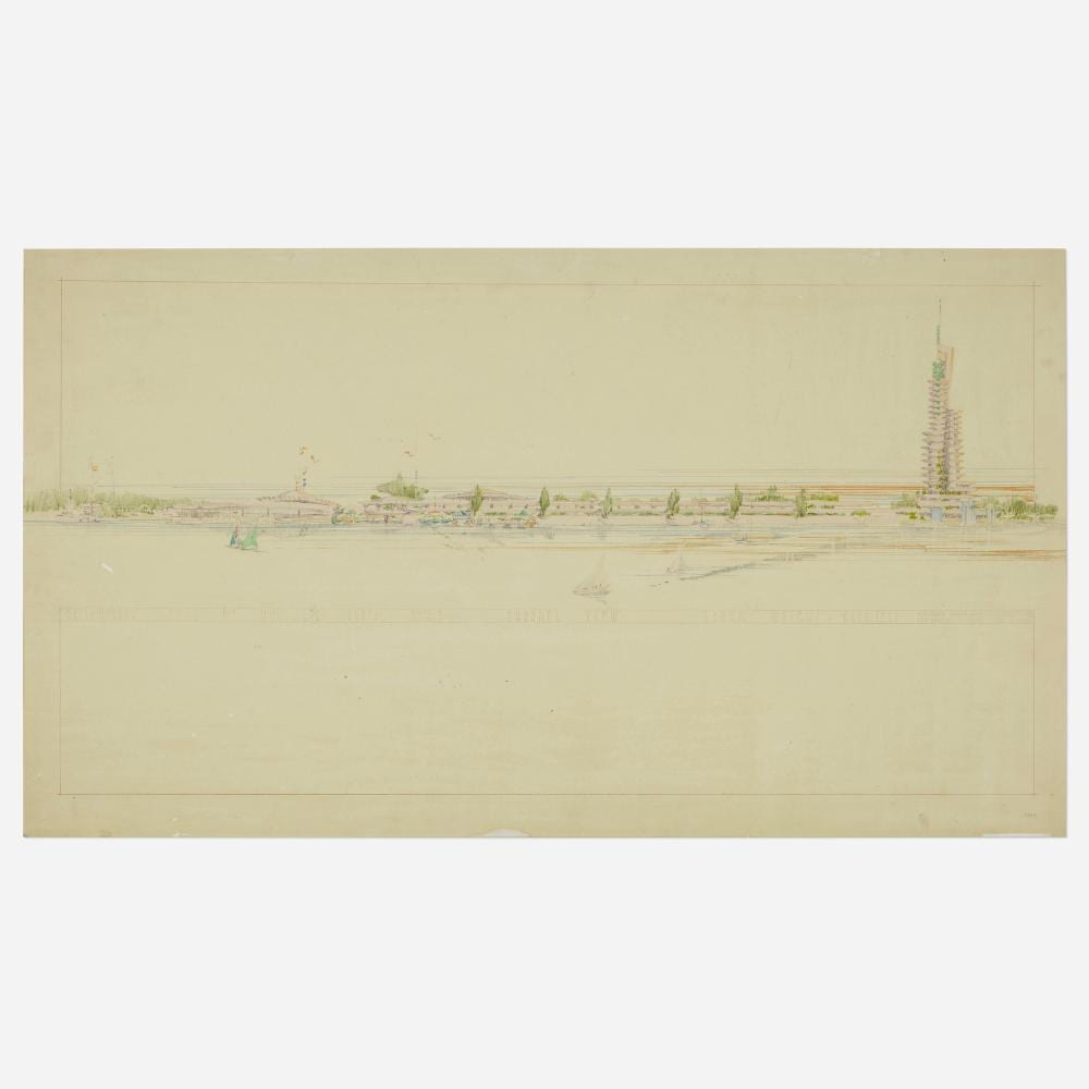 Lloyd Wright comparable auction result: lloyd wright huntington portal surfside channel view preliminary studies