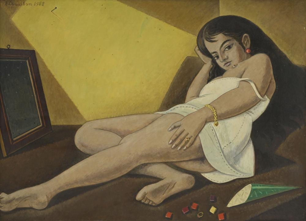 Emile François Chambon comparable auction result: emile fran ois chambon 1905 1993 jeune fille la surprise 1982 huile sur toile sign e et dat e titr e au verso 80x110 cm