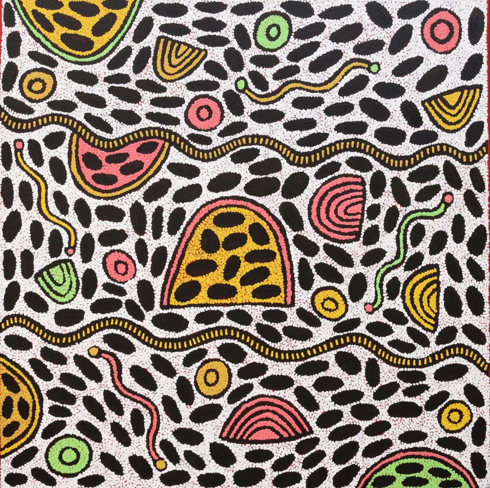 Marcia Reid Nangala comparable auction result: marcia reid nangala women s business acrylic on linen 101cm x 101cm