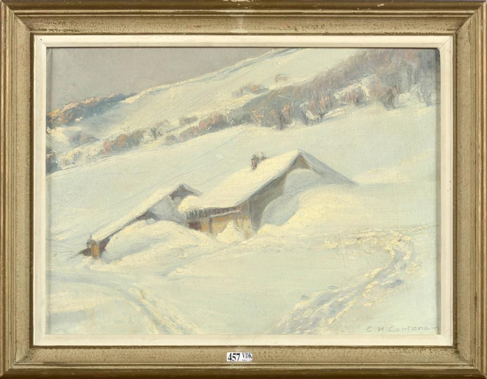 huile sur carton entoil chalets sous la neige · Vanderkindere · 2024-12-11 Charles-Henry Contencin comparable auction result: huile sur carton entoil chalets sous la neige
