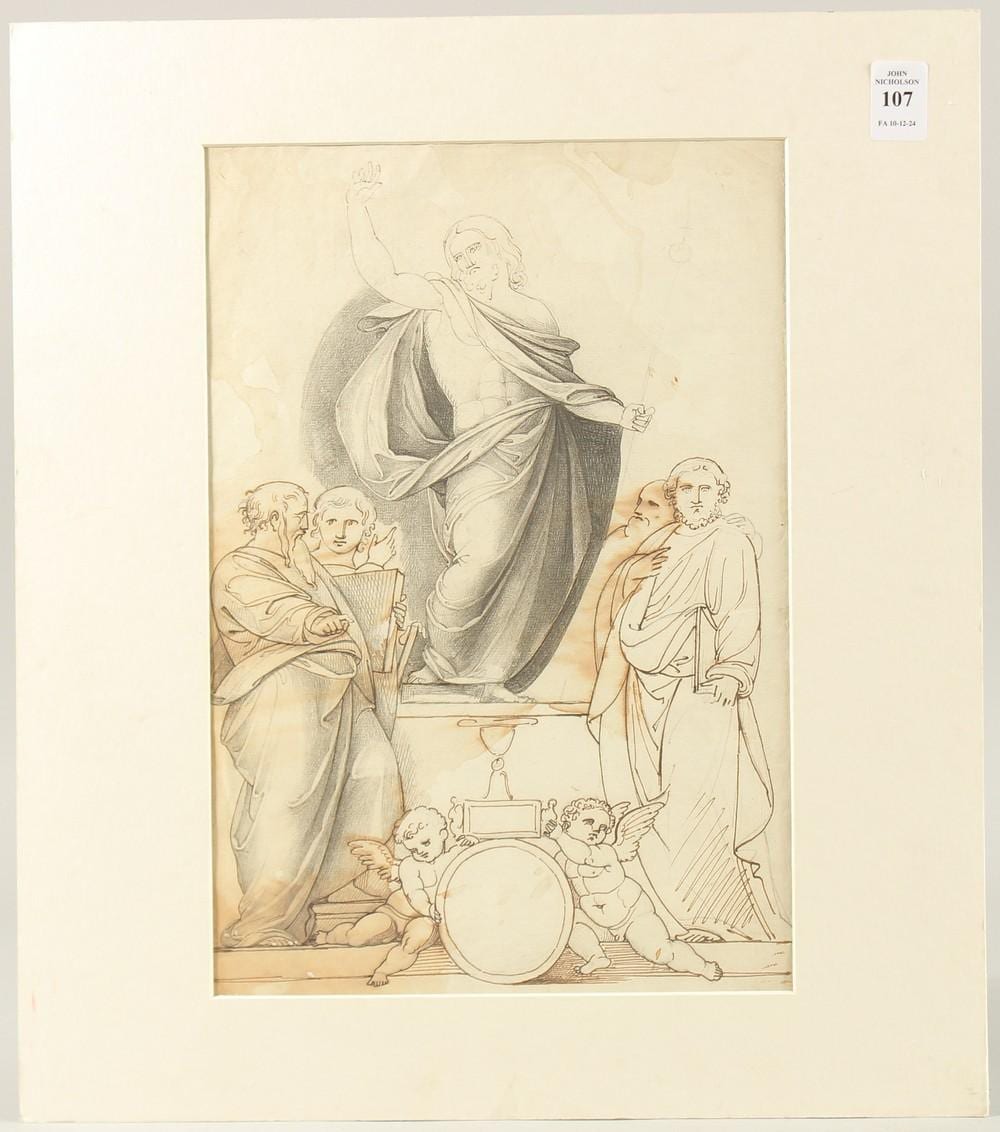 Samuel Woodforde comparable auction result: samuel woodforde 1763 1817 a bookplate design with fra bartolomeo s christ with the evangelists pen ink an