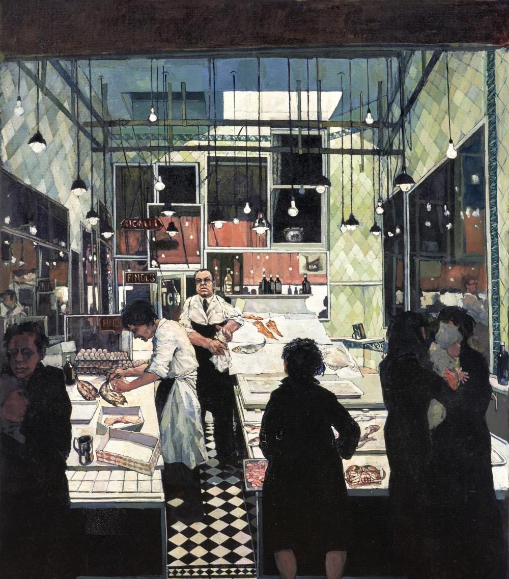 Hector McDonnell comparable auction result: hector mcdonnell irish born 1947 peckham fish shop 1973 49 1 2 x 60 1 2 x 1 8 in 125 7 x 154 0 x 0 3 cm unframed