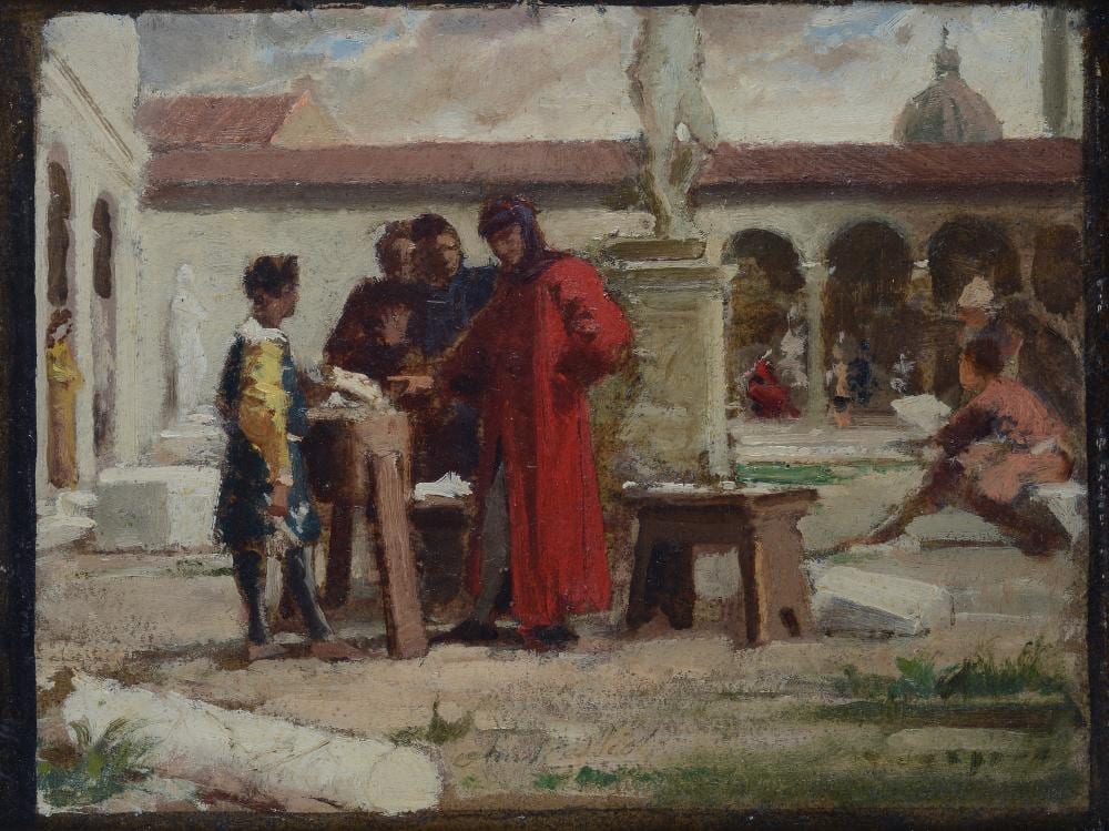 Amos Cassioli comparable auction result: amos cassioli asciano 1832 siena 1892 michelangelo presenta la testa di fauno a lorenzo de medici nel giardino di san marco