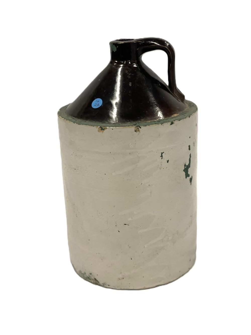Stoneware jug with a black glazed neck and handle and a light gray cylindrical body, photographed against a white background.