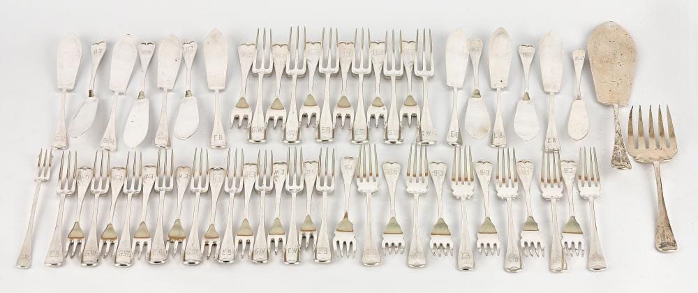 harlequin part canteen of rat tail cutlery by will · Ewbank's · 2024-12-05 William (1872) Nicholson comparable auction result: harlequin part canteen of rat tail cutlery by will