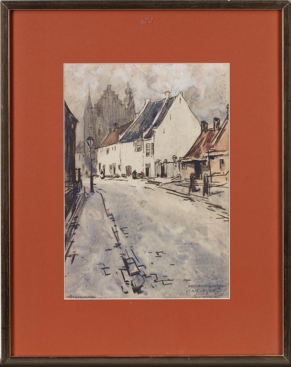 Hermanus Antonius Josephus Maria Moerkerk comparable auction result: herman moerkerk zaltbommel streetview with the maarten van rossumhuis mixed media on paper