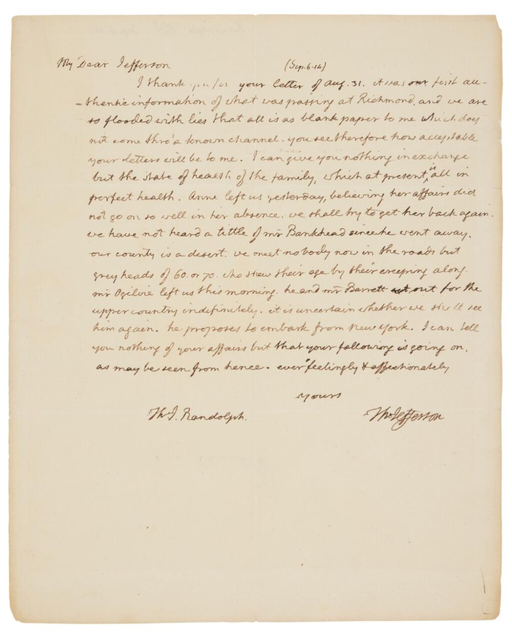 Jefferson comparable auction result: jefferson thomas the former president writes to his grandson during a period of national threat