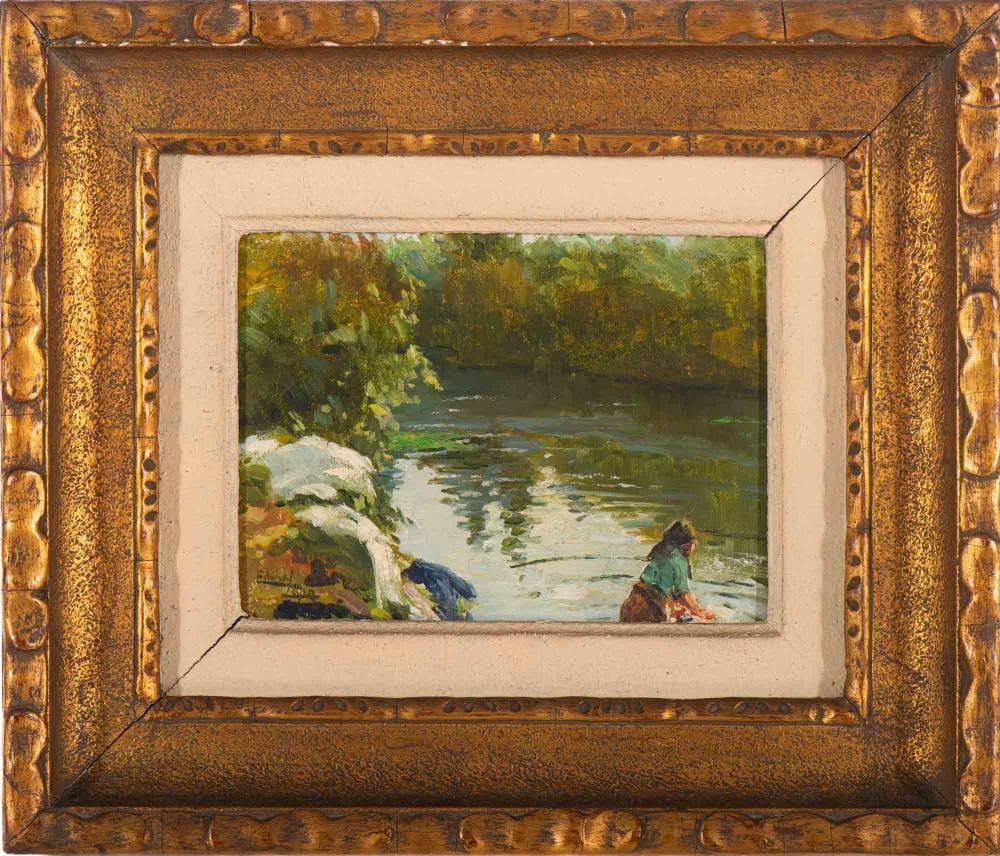 Eduarda Lapa comparable auction result: eduarda lapa 1896 1976 mulher a lavar roupa no rio leo sobre platex assinado dim aprox 18 x 24 cm dim total aprox 36 x 41 5 cm
