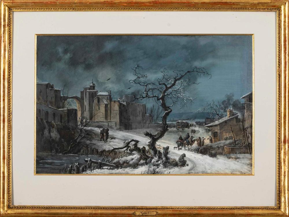 Alexandre Jean Noël comparable auction result: alexandre jean noel 1752 1834 paisagem de inverno guache sobre papel sobre tela assinado dim aprox 44 x 68 cm
