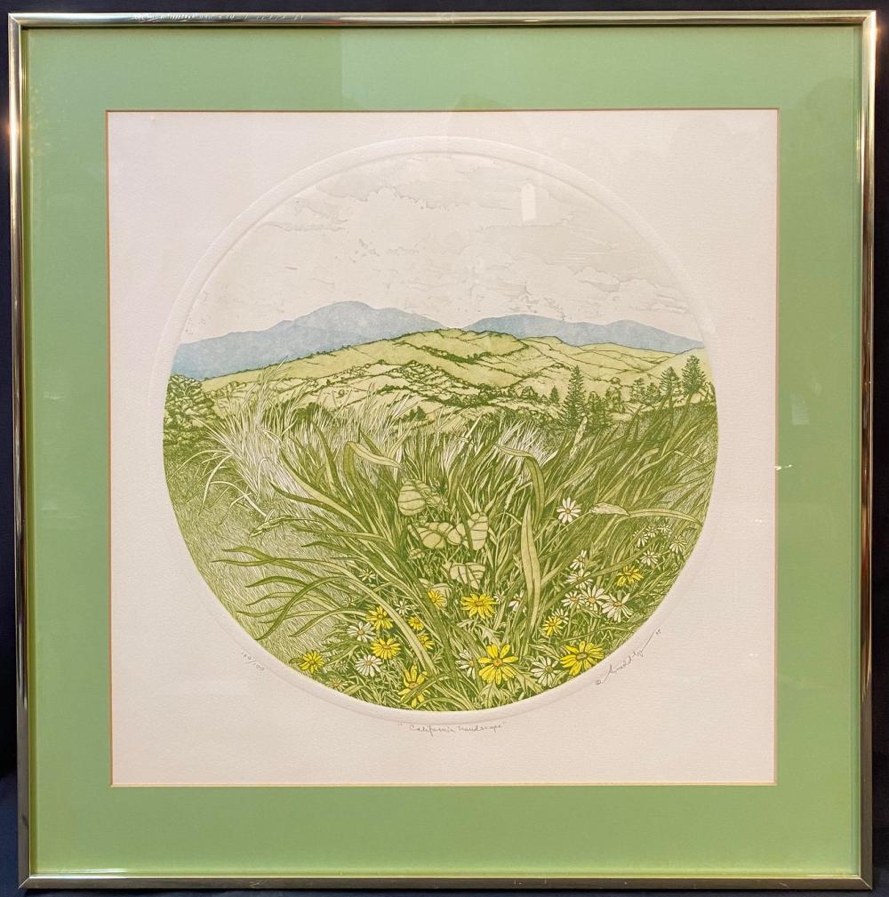 Arnold Iger comparable auction result: arnold iger 1949 limited edition hand signed etching and aquatint titled caliofornia landscape 24in x 24in 61cm x 61cm