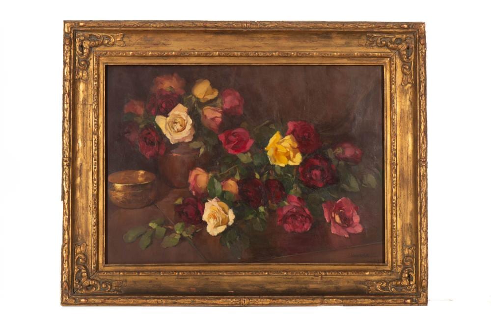 Eduarda Lapa comparable auction result: eduarda lapa 1896 1976 rosas leo sobre tela assinado dim aprox 58 5 x 80 cm dim total aprox 78 5 x 100 cm