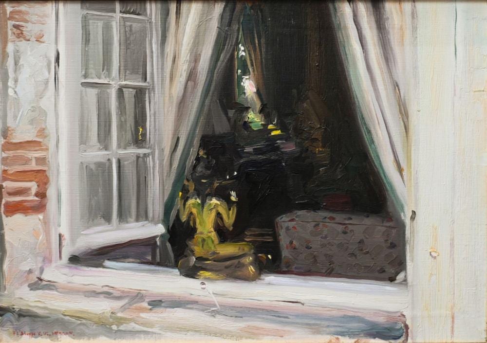Howard Morgan comparable auction result: howard morgan 1949 2020 an open window looking inside with sculpture on window sill oil on