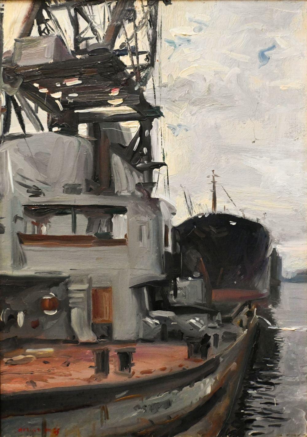 Howard Morgan comparable auction result: howard morgan 1949 2020 trawler tug boats oil on canvas signed and dated viii 75 lower left