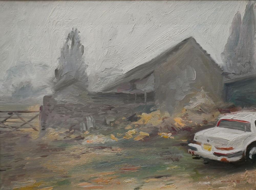 Howard Morgan comparable auction result: howard morgan 1949 2020 car beside welsh stone cottage oil on canvas signed and dated ii 95