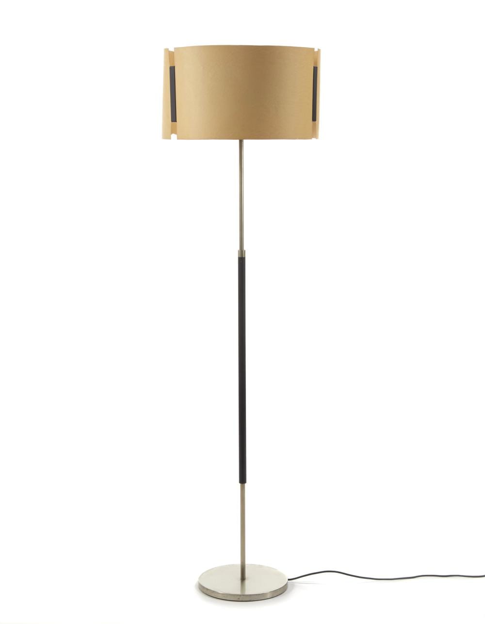 Giuseppe Ostuni (1907 - 1994) e Renato Forti (1923 - 2015) Floor lamp model "397". Produced by O-Luce, Milan, 1964. Nickel-plated metal and black lacquered metal with paper lampshade. (h 148 cm.) (defects) Literature O-Luce, Catalogo 1964... sold by Il Ponte Auction House, lot 179 — auction record photograph