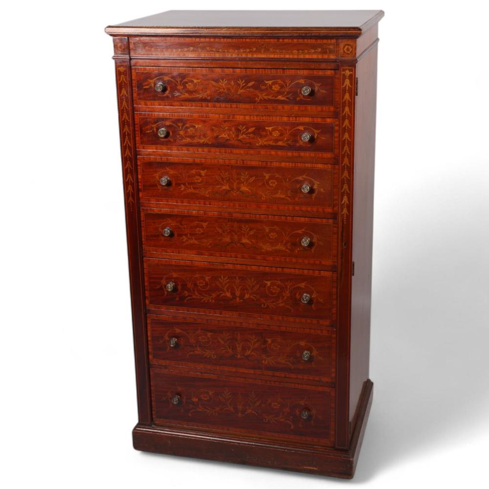 A fine quality Edwardian marquetry inlaid mahogany Wellington chest of 7 drawers, by James Shoolbred & Co, width 64cm, height 121cm, depth 47cm sold by Burstow & Hewett, lot 36 — auction record photograph