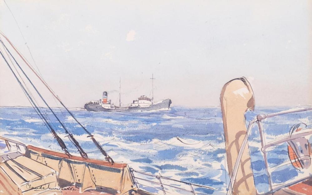 Claude Muncaster comparable auction result: claude muncaster 1903 1974 shipping in rough sea ink and watercolour signed 35 5cm x 23 cm