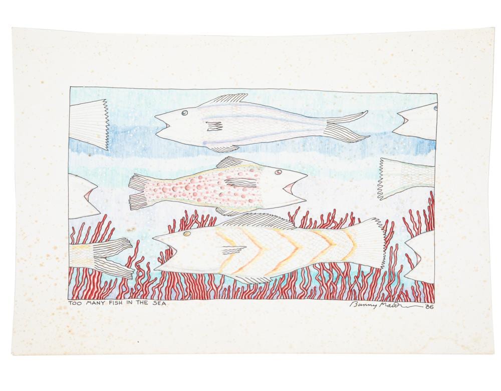 Bunny Matthews comparable auction result: bunny matthews american louisiana 1951 2021 too many fish in the sea ink color pencil and graphite on paper 12 9 x 19 in 32 9 x 48 3 cm