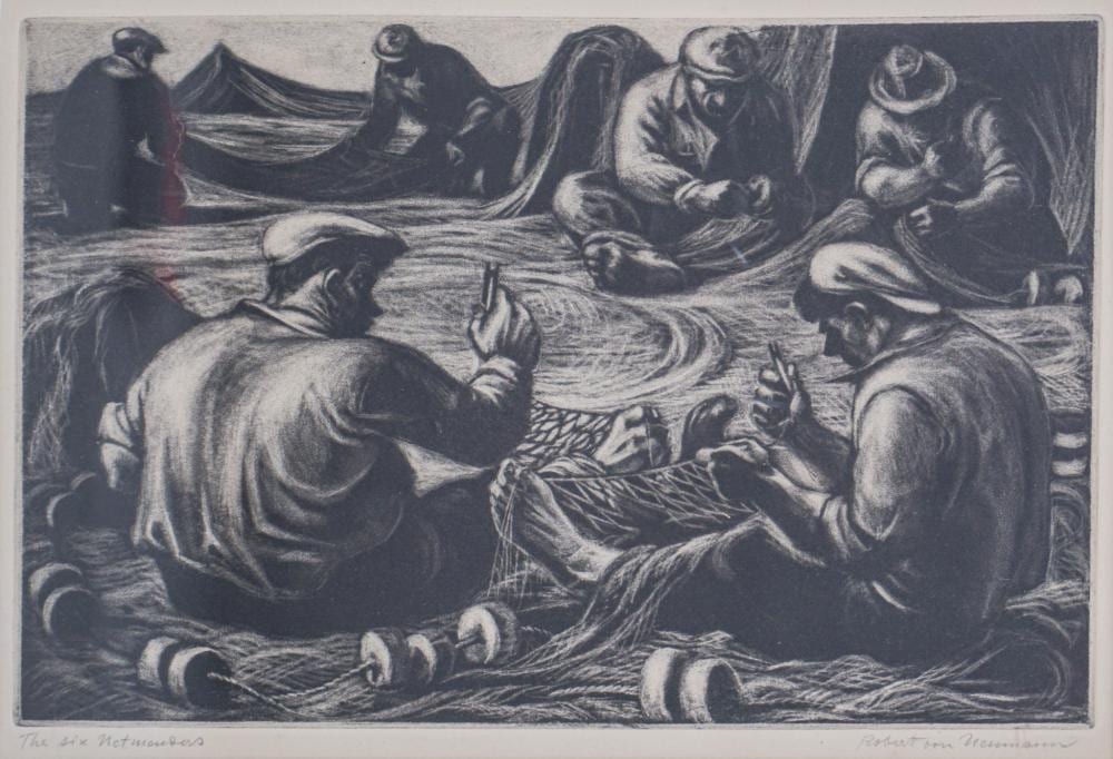 Robert von Neumann comparable auction result: robert von neumann american 1904 1978 the six net menders etching signed l r and titled l l frame 16 1 4 x 21 1 2 in 41 3 x 54 6 cm