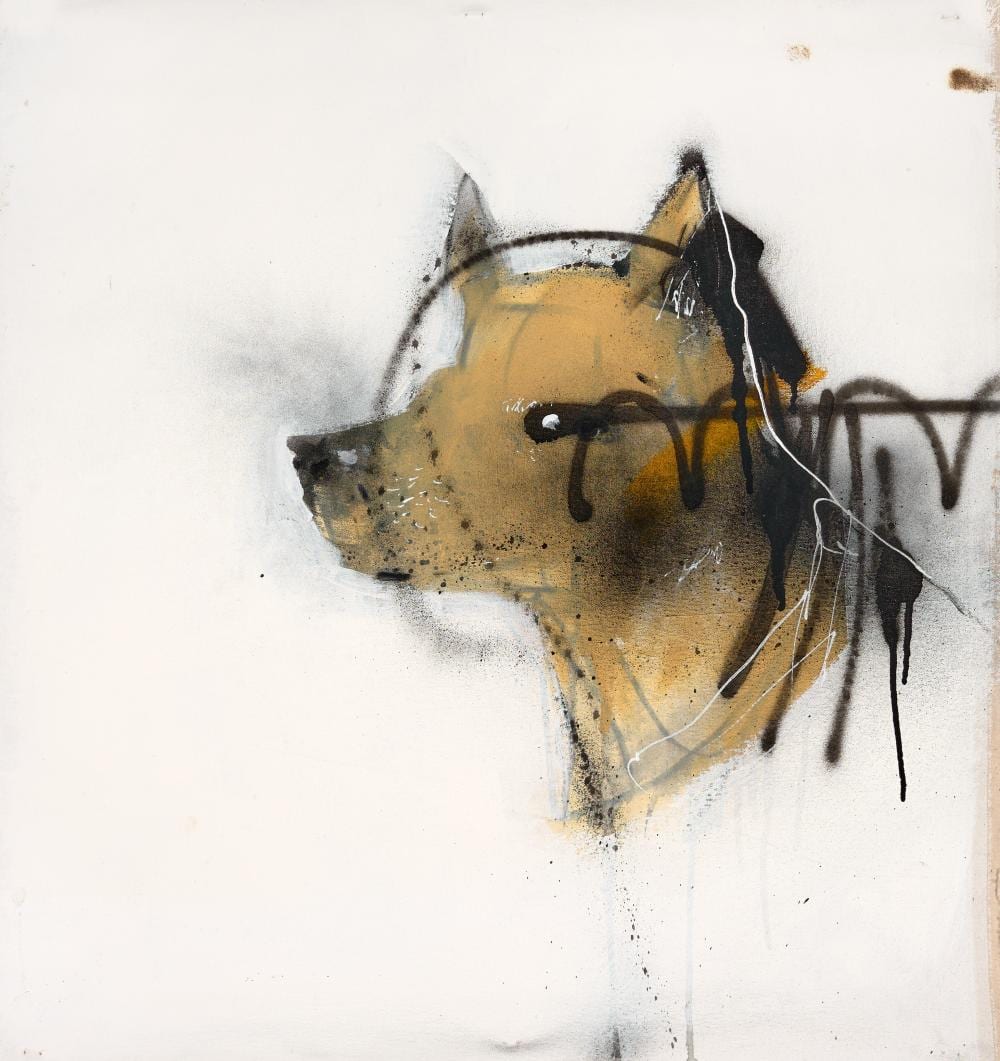 Anthony Lister comparable auction result: anthony lister 1979 dog in profile right mixed media on canvas unstretched 67 x 64 cm