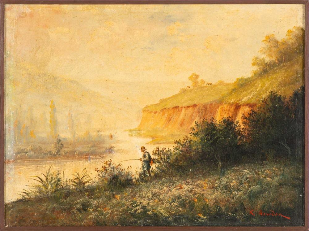 René Gourdon comparable auction result: ren gourdon 1855 paisagem com pescador leo sobre tela assinado dim 44 5 x 60 5 dim total aprox 46 5 x 62 5 cm