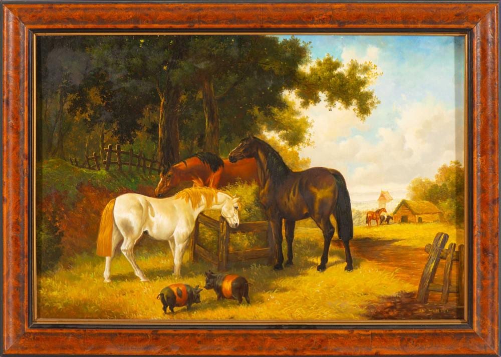 Jan Mortel comparable auction result: jan mortel n 1906 cavalos leo sobre madeira assinado dim aprox 40 5 x 60 cm dim total aprox 49 5 x 69 5 cm