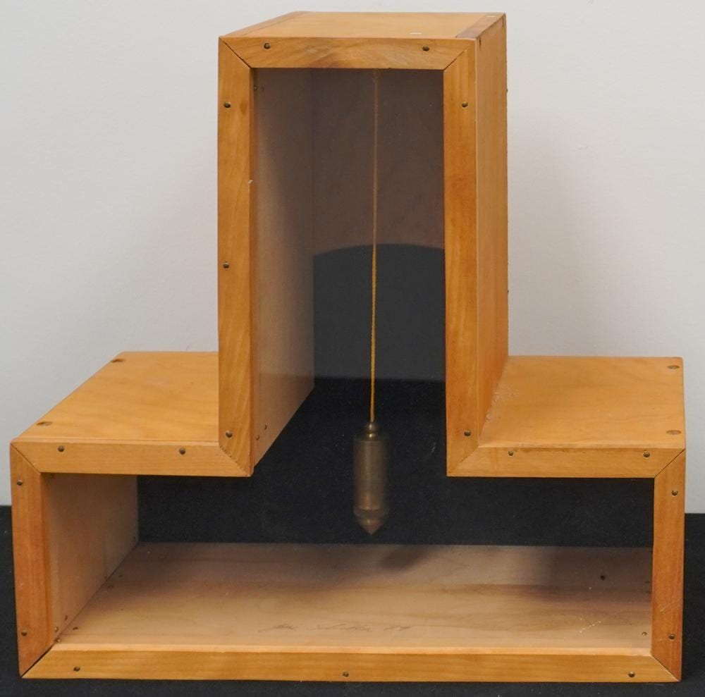 Yuri Kuper comparable auction result: yuri george schwebler american 1942 1990 plum bob series zero century 1976 wood glass and metal roller sculpture 17 x 24 x 8 in 43 2 x 61 x 20 3 cm