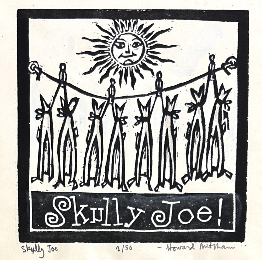 Howard Mitcham comparable auction result: howard mitcham 1917 1996 skully joe 2 50 woodblock print 4 x 4 image 8 3 4 x 8 3 4 framed