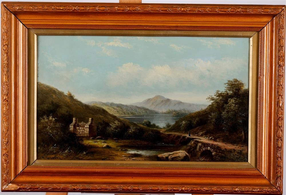 Arthur Gilbert comparable auction result: arthur gilbert english 1819 1895 ruins by lake ullswater oil on canvas sighed lower left hand corner framed under glass
