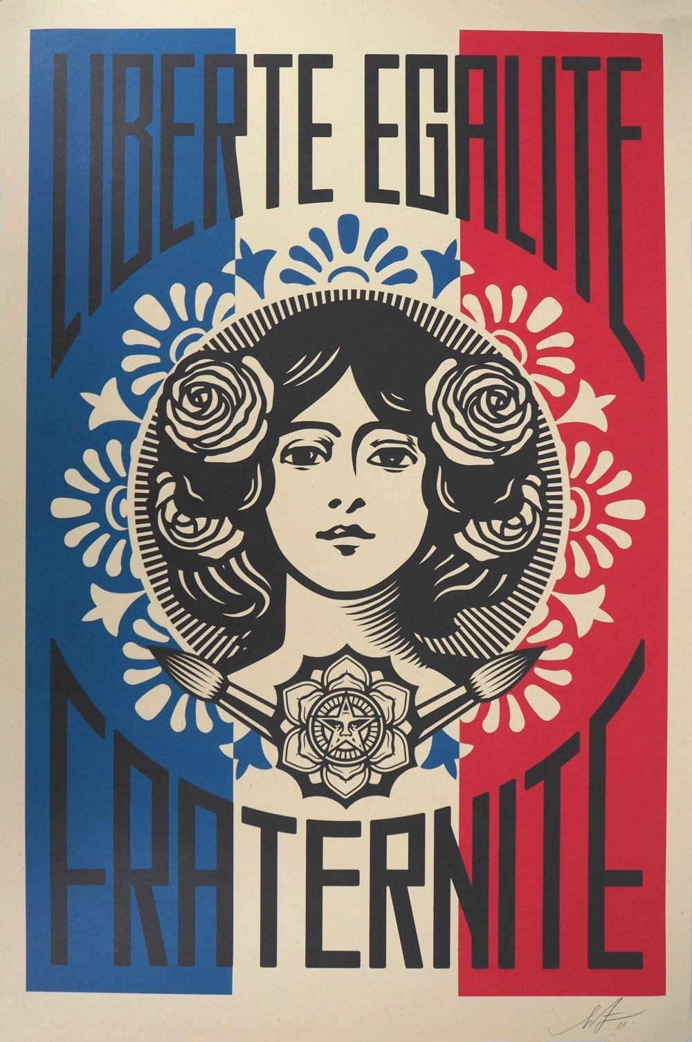 Poster-style graphic portrait of Liberty holding a laurel, with bold words “LIBERTY” and “EQUALITY, FRATERNITY” in blue and red.