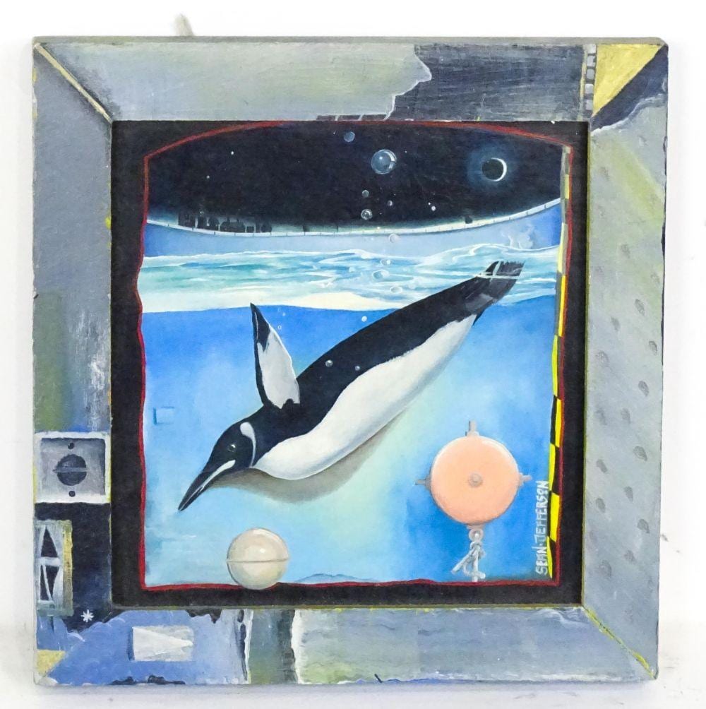 Sean Jefferson comparable auction result: sean jefferson b 1957 oil on board dive a swimming penguin with deco