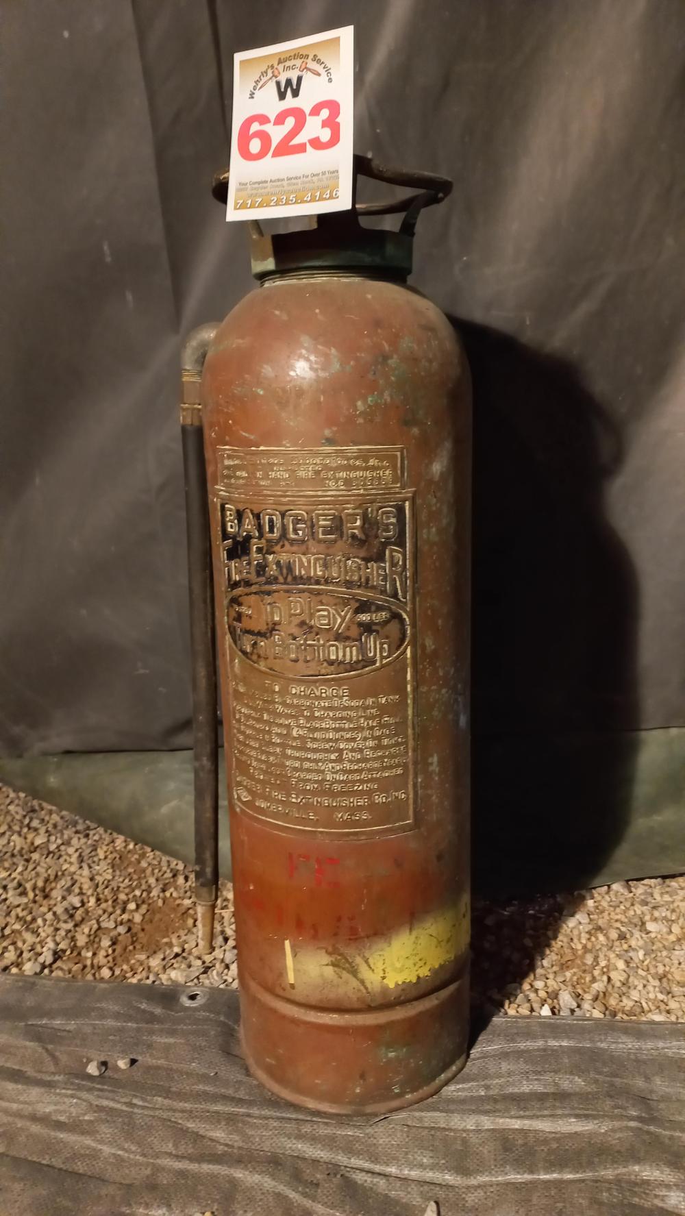 Vintage Copper??? Badger's Fire Extinguisher sold by Wehrly's Auction Service, lot 623 — auction record photograph
