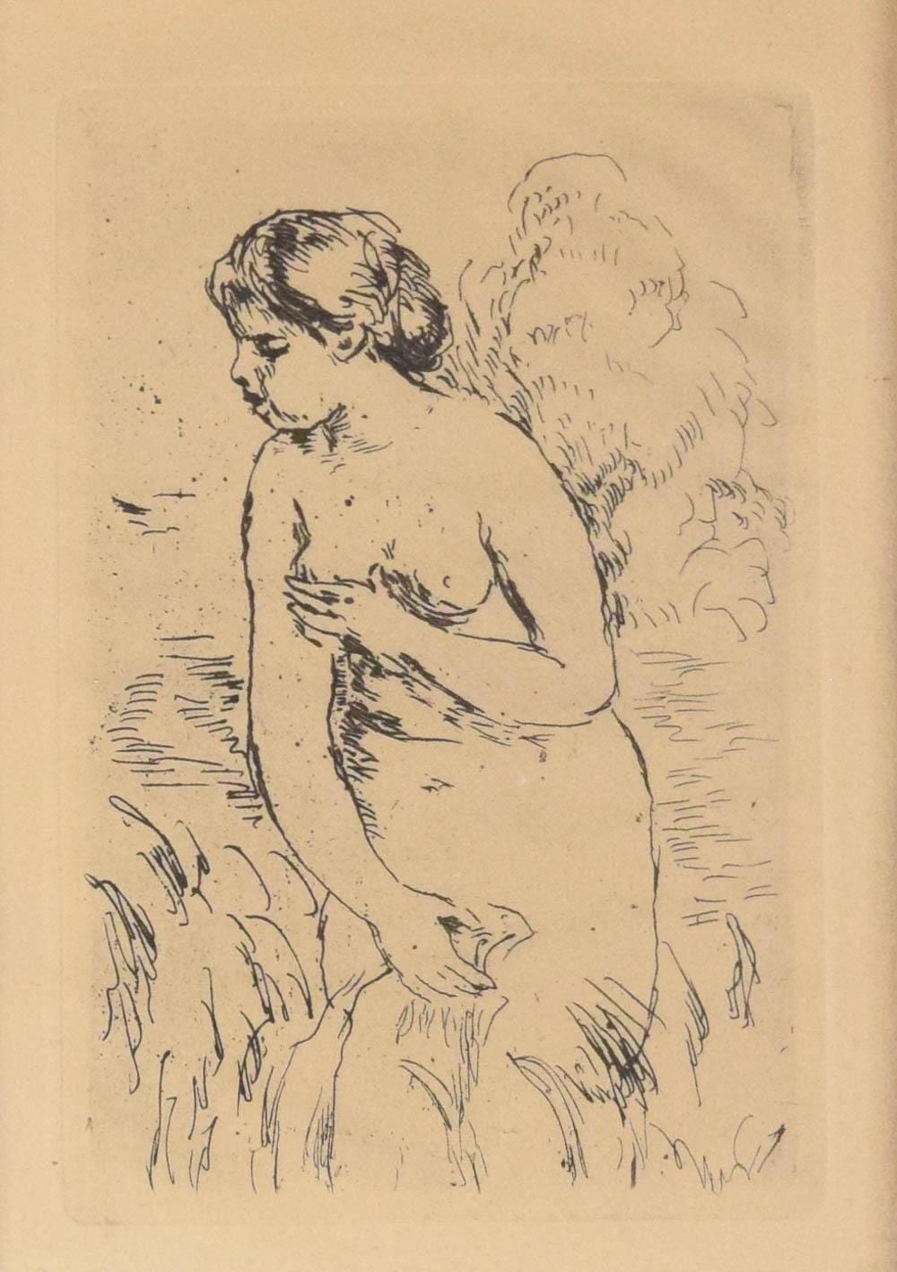 Black and white ink etching-style sketch of a nude woman reclining and looking to the side, hair down, with background hatching.