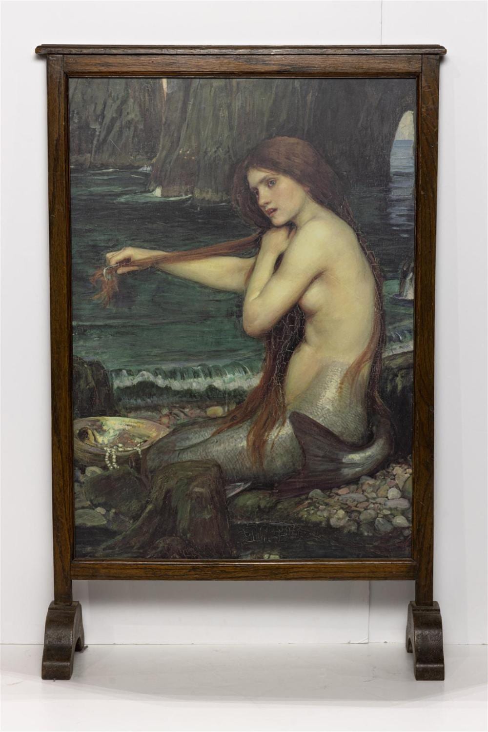 John William Waterhouse comparable auction result: an arts crafts oak firescreen inset with print of mermaid after john william waterhouse