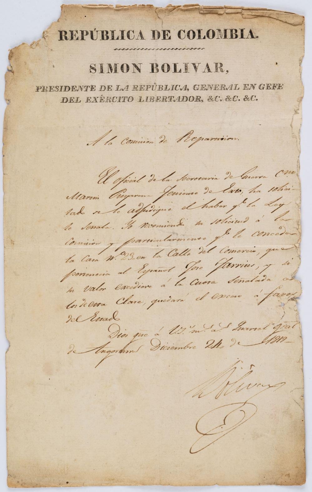 Carta Bolívar para español, 1819 comparable sale