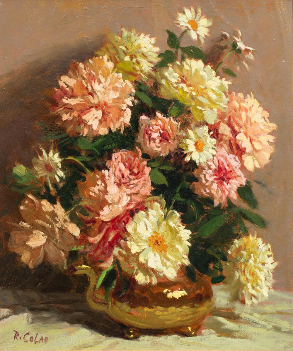 Oil painting of a colorful bouquet of daisies and other flowers in a bowl or vase on a light background, with thick brushstrokes.
