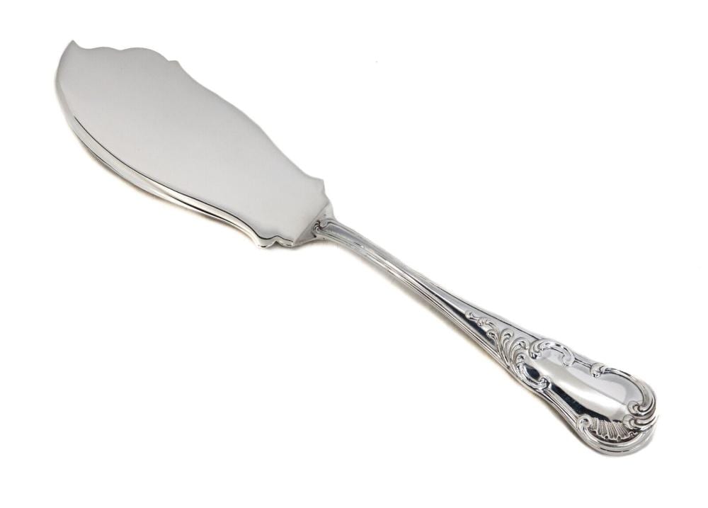 Polished metal fish-serving knife with ornate handle and curved blade, shown on a white background.