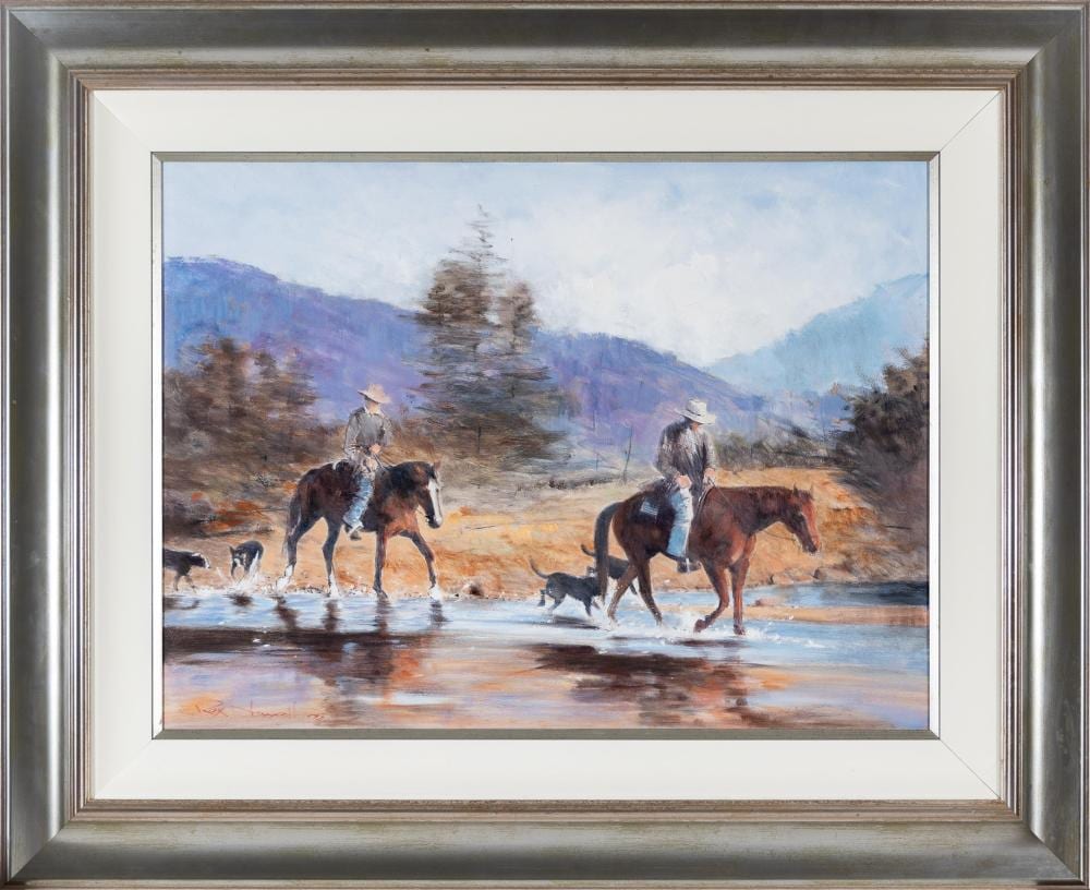 Rex Newell comparable auction result: rex newell 1939 2016 stockmen river crossing oil on board 57x77 cm frame 89x109 cm