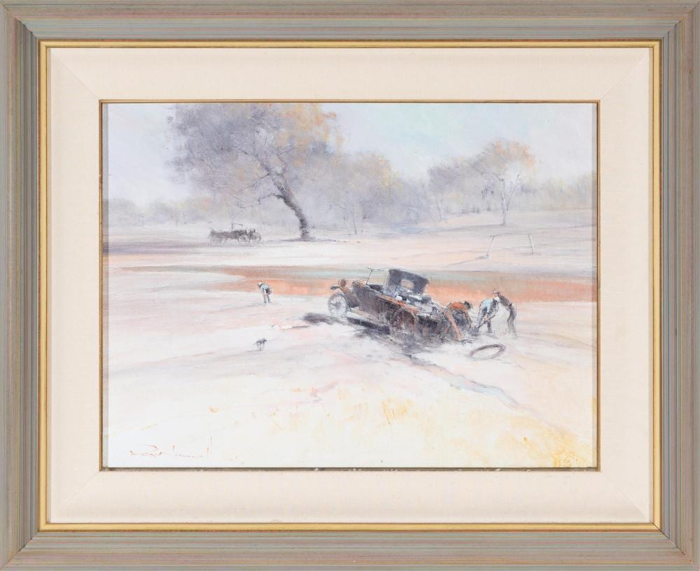 Rex Newell comparable auction result: rex newell 1939 2016 stuck in the mud on a fishing trip in bourke 1980 oil on board 43x58 cm frame 67x82 cm