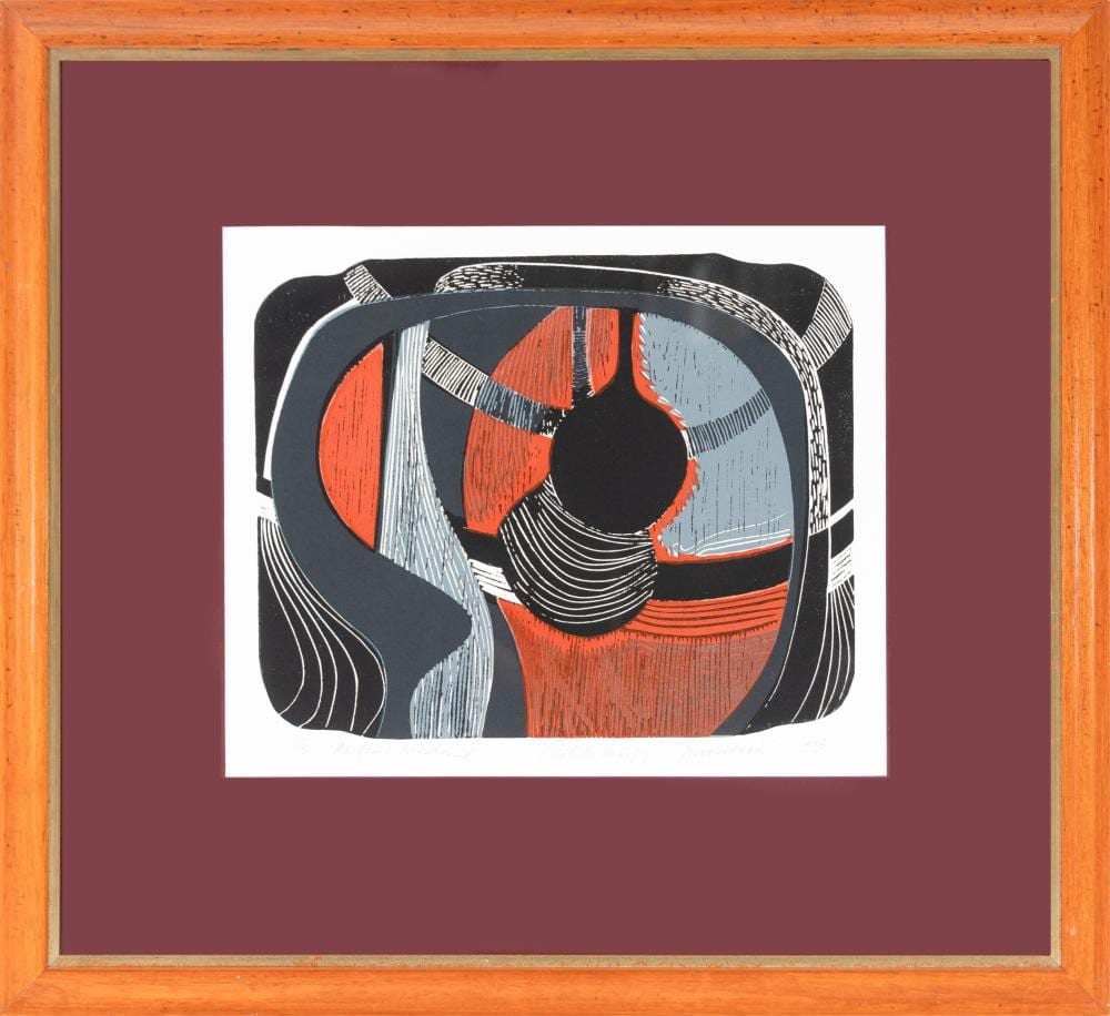 Margaret McLellan comparable auction result: margaret mclellan 1932 2017 involution 1973 hand coloured linocut 30x37 cm frame 64x69 cm